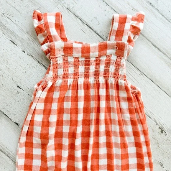 Angel Dear Harvest Pumpkin Smocked Bubble Romper Overalls Orange Gingham 6-12 mo - Picture 4 of 14
